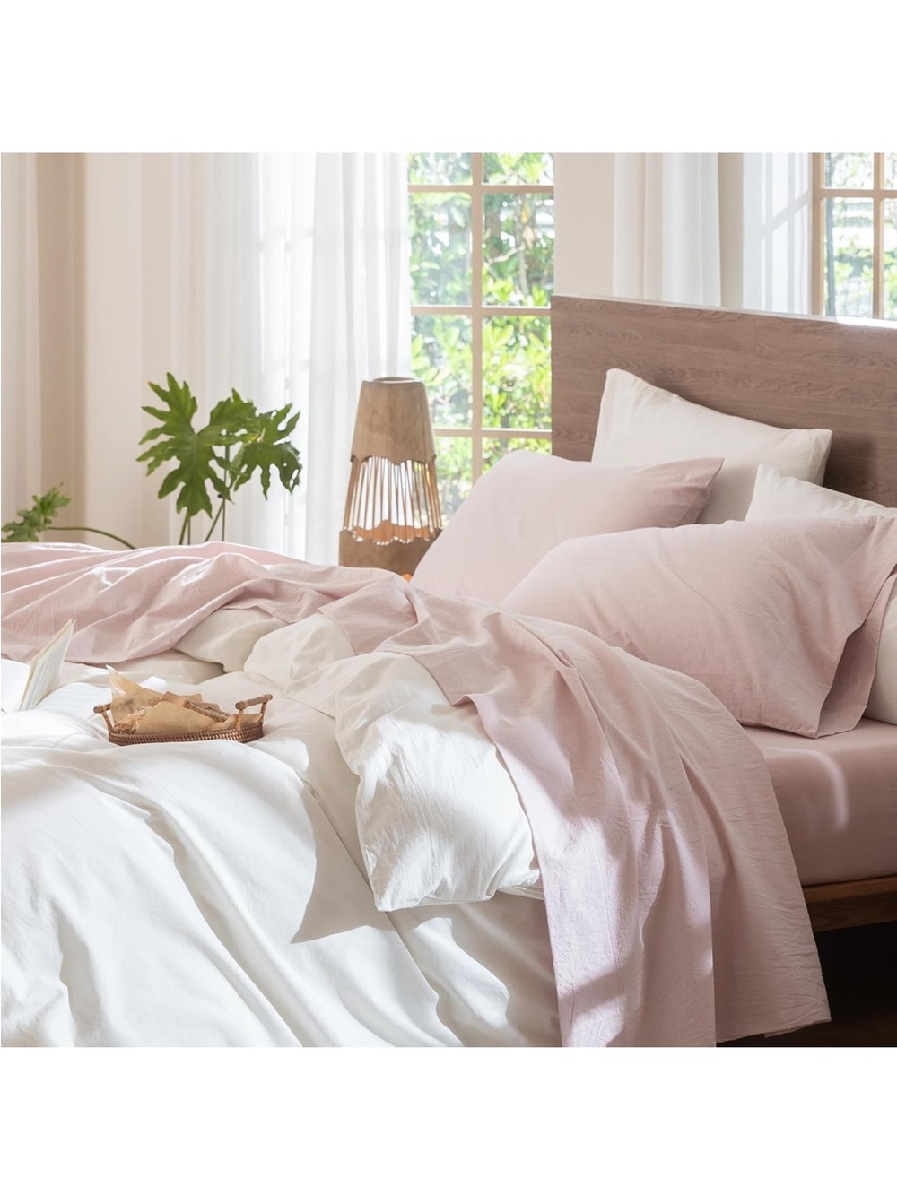 NEW MooMee Bedding Sheet Set 100% Cotton. Linen Like Texture. Greyish Pink Queen